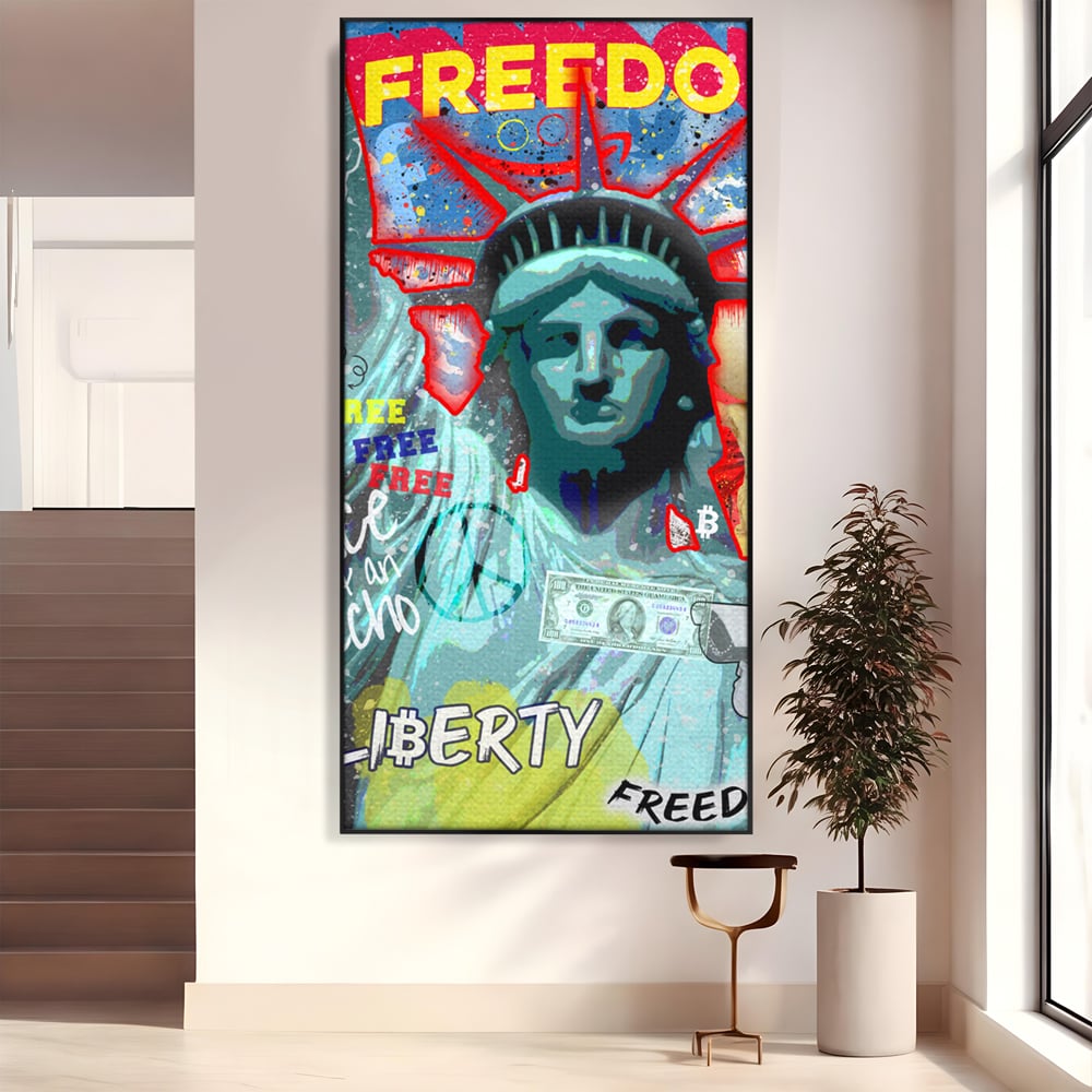 Tablou canvas cu tablou canvas cu statuia libertatii si graffiti, in rama de aluminiu negru